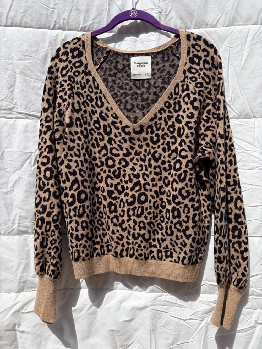 Abercrombie & Fitch Leopard Print V-Neck Sweater - Tan & Black
